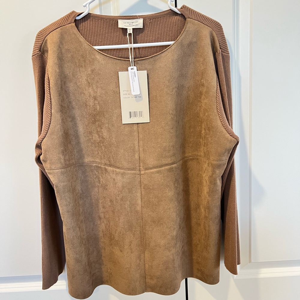 NWT La Vila Milano Tan Suede & Knit Sweater